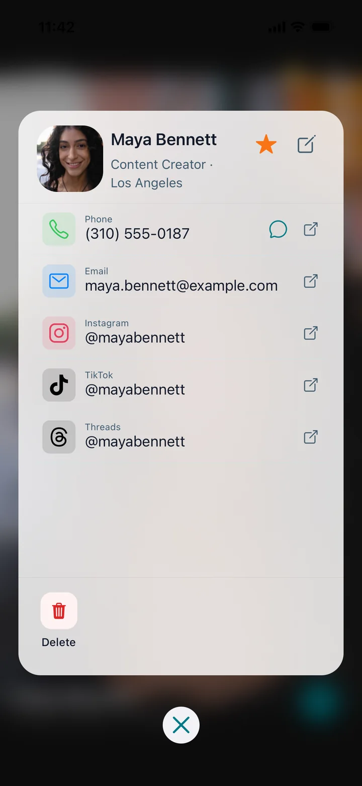 Maya Bennett’s Photolio actions sheet with phone, email, Instagram, TikTok, and Threads
