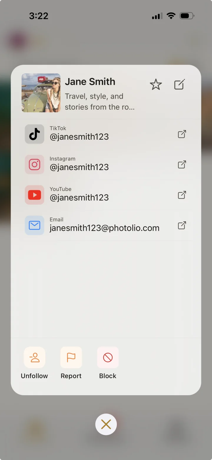 A Photolio contact with social profiles and email together